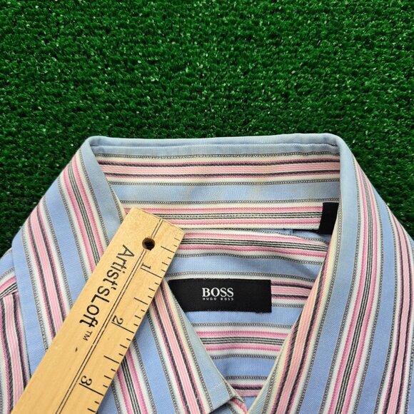 Hugo Boss Shirt Mens 16.5 32-33 Blue Striped Button Up Preppy Casual - Picture 7 of 11